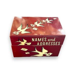 Vintage MCM Address‎ Box Tin Lithograph Birds Red White Metal Index Cards Gifts
